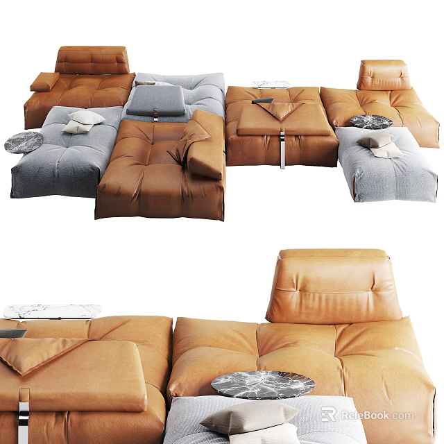 Modern Modular Sectional Sofa With Brown Gray Leather Upholstery And Soft Cushions 3d model