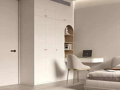 Modern Built in White Wardrobe Design In Bedroom Interior With Desk And Chair 3d model