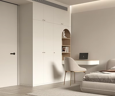Modern Built in White Wardrobe Design In Bedroom Interior With Desk And Chair 3d model