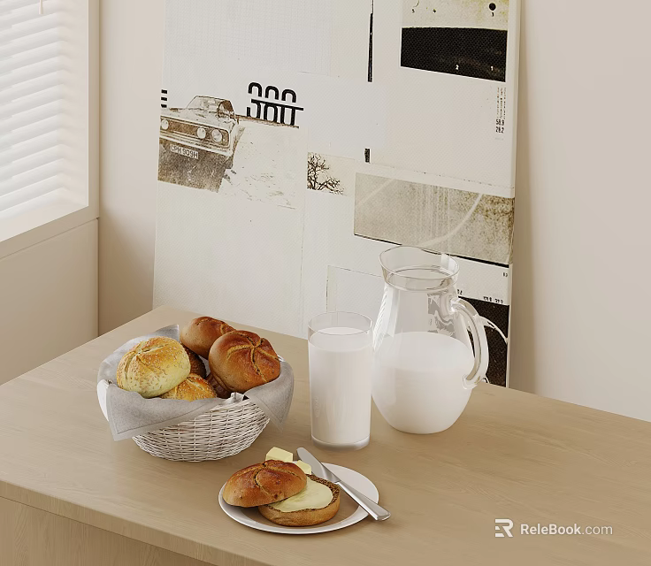 Cozy Breakfast Setup With Bread Milk And Art Decor 3d model 