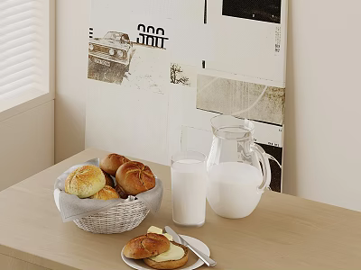 Cozy Breakfast Setup With Bread Milk And Art Decor 3d model