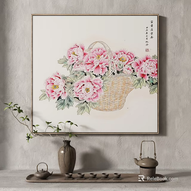 Traditional Chinese Botanical Painting with Pink Peonies in Woven Basket and Green Leaves 3d model 