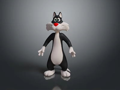 Cartoon Black and White Cat Character with Red Nose Big Eyes Standing Pose 3d model