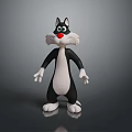 Cartoon Black and White Cat Character with Red Nose Big Eyes Standing Pose