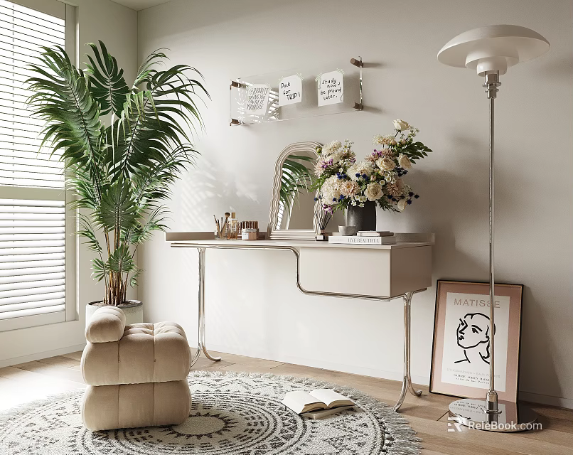 Modern Dressing Table with Mirror Flower Bouquet Palm Plant and Floor Lamp 3d model 