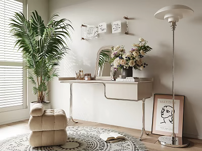 Modern Dressing Table with Mirror Flower Bouquet Palm Plant and Floor Lamp 3d model