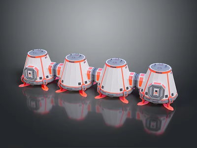 Four Sci Fi Scene Modules With White Orange Bodies Round Tops And Support Legs 3d model