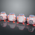 Four Sci Fi Scene Modules With White Orange Bodies Round Tops And Support Legs 3d model