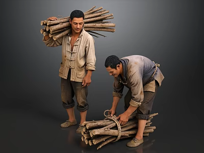 Two Men Carrying Firewood And Tying Logs In Worn Clothes Gray Background 3d model
