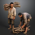 Two Men Carrying Firewood And Tying Logs In Worn Clothes Gray Background