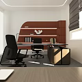 Modern Office Interior With Wooden Partition Bookshelf Desk Sculpture And Red Accent Wall