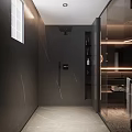Modern Dark Toned Bathroom With Glass Shower Double Sinks And Backlit Mirrors