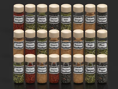 Various Spices in Organized Labeled Jars for Kitchen Storage and Use 3d model