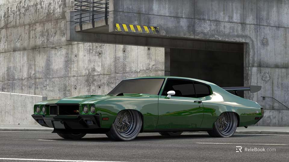 Green Classic Muscle Car Parked By Industrial Concrete Wall And Tunnel Entrance 3d model 