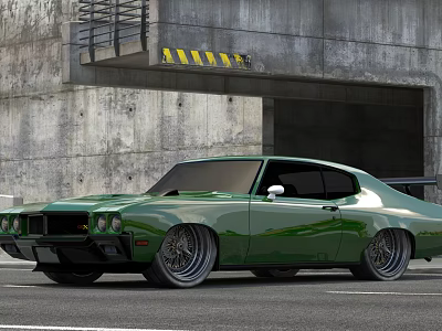 Green Classic Muscle Car Parked By Industrial Concrete Wall And Tunnel Entrance 3d model