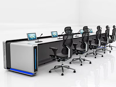 Modern Office Desk Setup With Computers And Black Chairs In Row 3d model