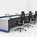Modern Office Desk Setup With Computers And Black Chairs In Row 3d model