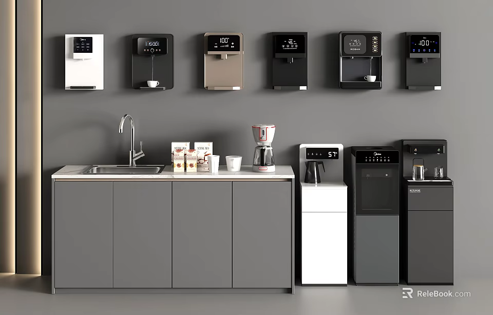 Modern Kitchen Setup With Daily Electrical Appliances Water Dispensers Coffee Maker And Cabinets 3d model 