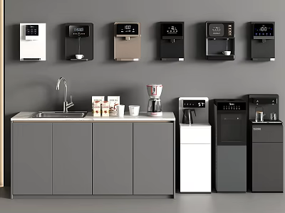 Modern Kitchen Setup With Daily Electrical Appliances Water Dispensers Coffee Maker And Cabinets 3d model