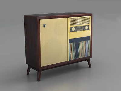 Vintage Wooden Cabinet with Radio Panel and Retro Decorative Stripes Design 3d model