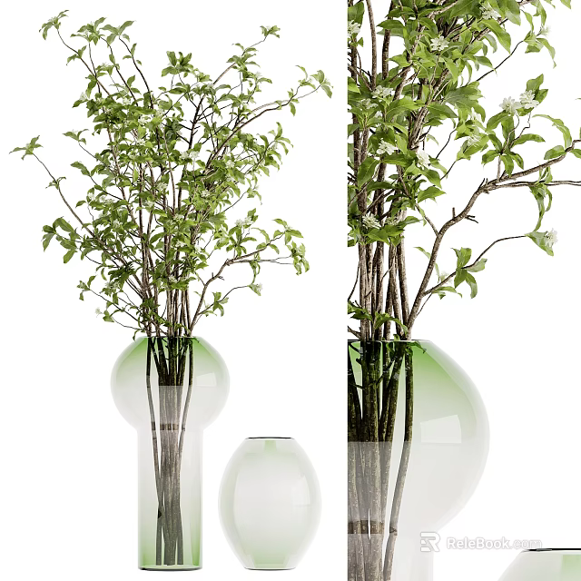 Transparent Glass Vases Holding Green Foliage and Small White Flowers for Home Decor 3d model 