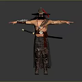 Warrior Character In Patterned Robe With Long Beard Wide Brimmed Hat And Sword Arms Outstretched
