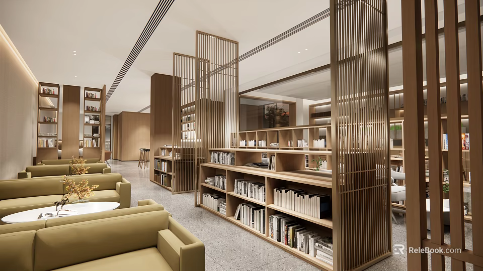 Book Art Inspired Modern Library Interior With Wooden Bookshelves Partitions And Sofas 3d model 