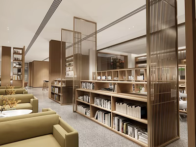 Book Art Inspired Modern Library Interior With Wooden Bookshelves Partitions And Sofas 3d model