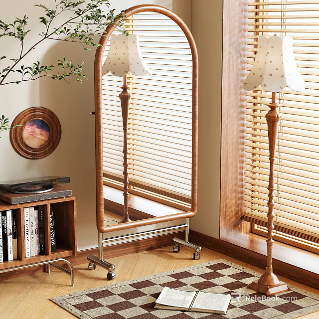 Arched Full Length Mirror With Wooden Frame And Floor Lamps Near Bookshelf And Window Blinds 3d model 