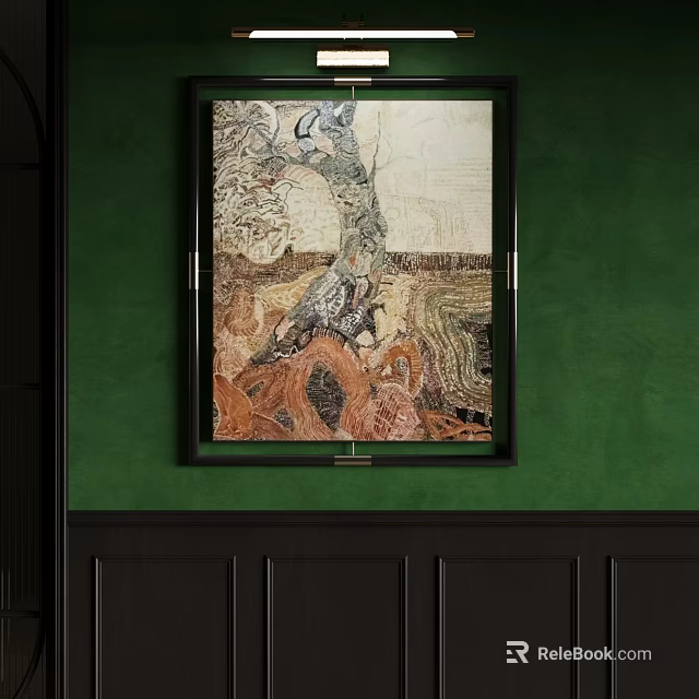 Abstract Painting with Black Frame on Green Wall Featuring Abstract Tree Texture 3d model 