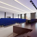 Bright Spacious Conference Room With Large Screen Windows Logo Wooden Backdrop And Arranged Chairs