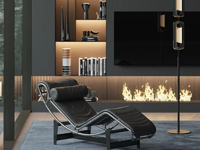 Modern Black Leather Lounge Chair In Living Room With Fireplace Floor Lamp And Bookshelves 3d model