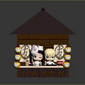 Lego Style Miniature Pavilion Scene With Brown Roof Yellow Lanterns Figures And Bar Counter