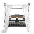 Double bed with black frame white canopy drapes brown headboard and white sheets 3d model