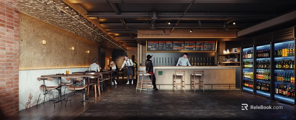 Modern Bar Interior With Wooden Counter Warm Lighting Menu Board And Customers 3d model 