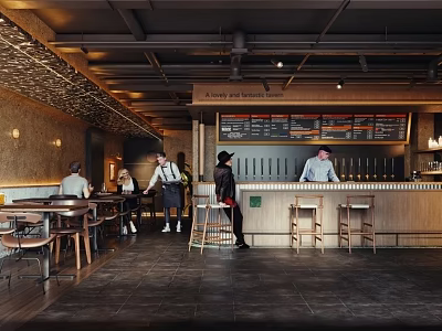 Modern Bar Interior With Wooden Counter Warm Lighting Menu Board And Customers 3d model