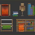 Colorful Wooden Household Supplies With Weaving Tools Storage Shelves And Fabric Rolls