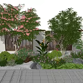 Beautiful Garden Landscape With Pink Flowering Trees Green Shrubs Wooden Fence And Stone Path