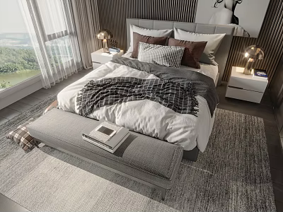 Modern Double Bed Bedroom Interior Design With Plush Pillows Nightstands Lamps And Scenic View 3d model