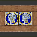 Wooden Dining Table Featuring Two Decorative Tiles Blue Background Figure Heads Yellow Borders Metal Legs