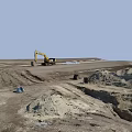 Active Construction Site With Yellow Excavator Working On Dirt Ground And White Pipes