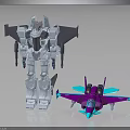 Giant Silver Mech Robot Standing Next To Purple Blue Toy Plane Model