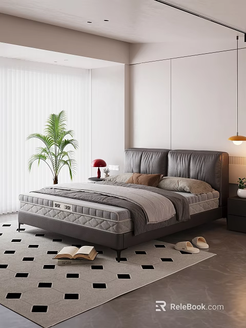 Gray Leather Double Bed with Bedside Table Lamp and Green Plant on Checkered Floor 3d model 