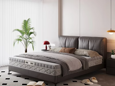 Gray Leather Double Bed with Bedside Table Lamp and Green Plant on Checkered Floor 3d model