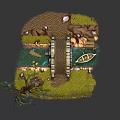 Cartoon Scene With Willow Tree Stone Bridge River Small Boat Wooden Fence And Green Grass