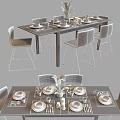 Modern Dining Table Set with Chairs Plates Plant and Candles Decor 3d model