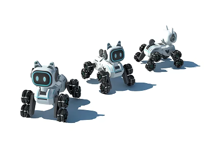 Three Interactive Electric Toy Robot Dogs with White Black Design and Wheels 3d model