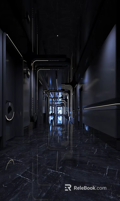 Modern KTV Corridor With Dark Walls Lighting Decoration And Polished Marble Floor 3d model 
