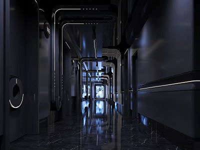 Modern KTV Corridor With Dark Walls Lighting Decoration And Polished Marble Floor 3d model