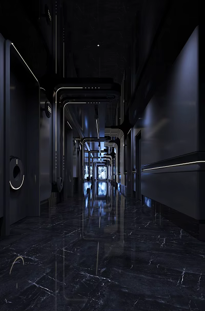 Modern KTV Corridor With Dark Walls Lighting Decoration And Polished Marble Floor 3d model